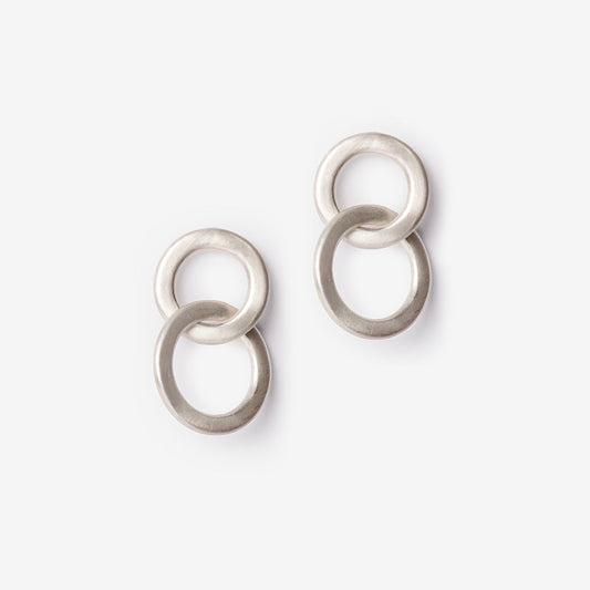 Double Lock Circle Silver Drop Earrings-Golden Horn Jewellery