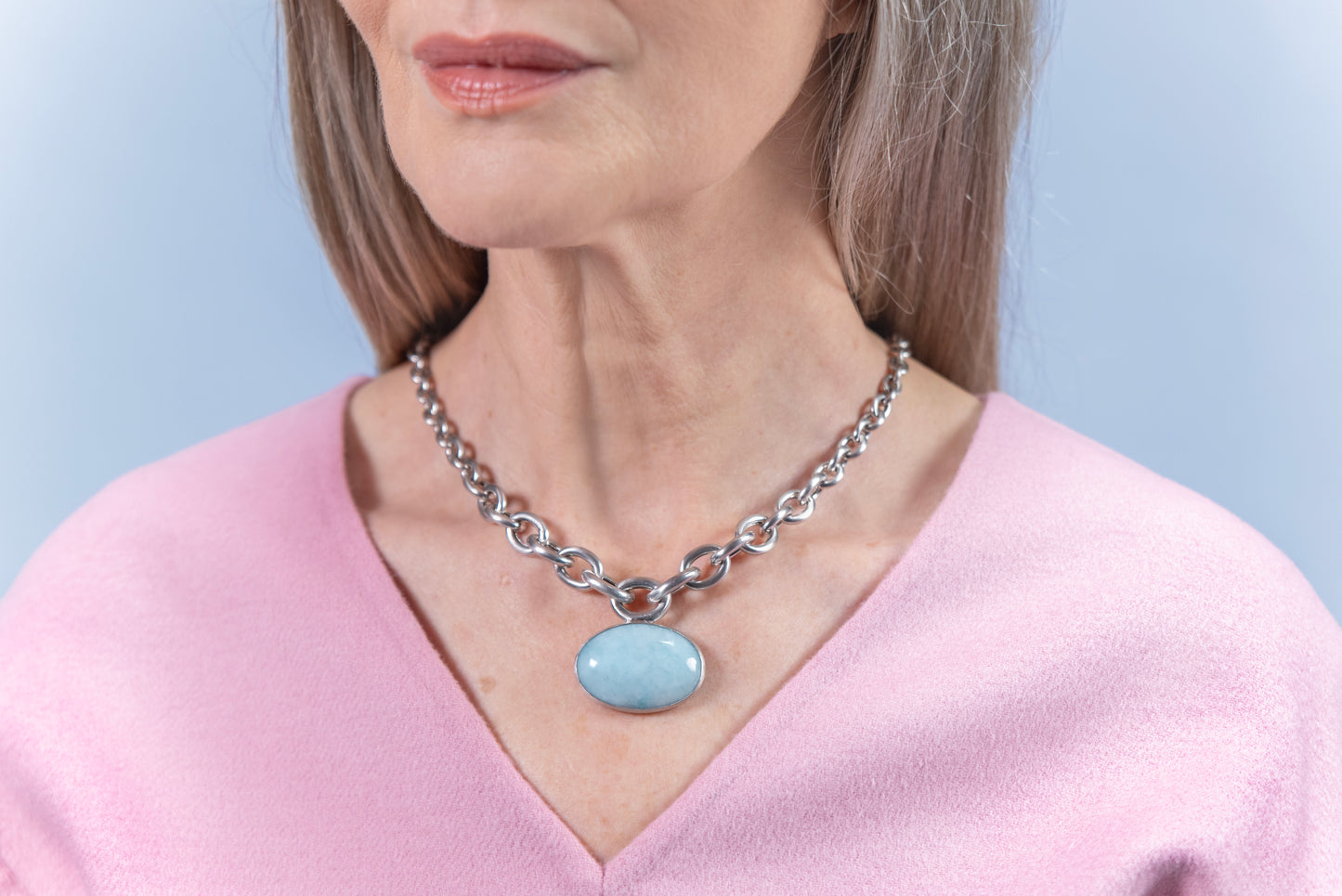 Larimar Amulet Silver Chain Necklace-Golden Horn Jewellery