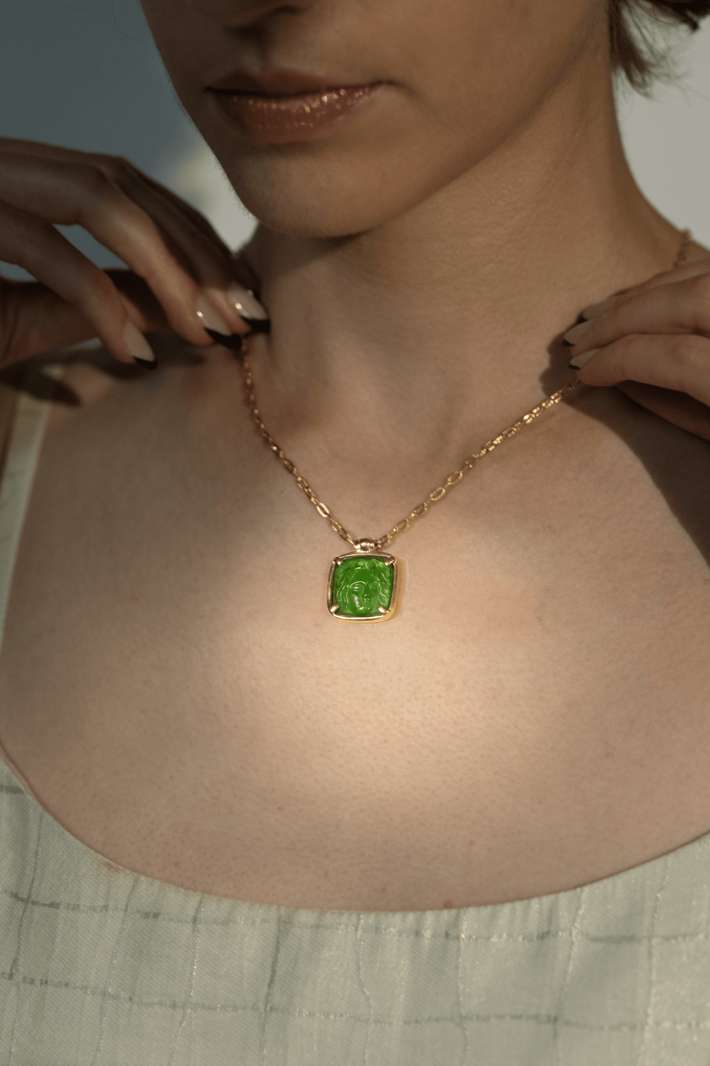 Medusa Green Agate Gold Pendant Necklace Golden Horn Jewellery