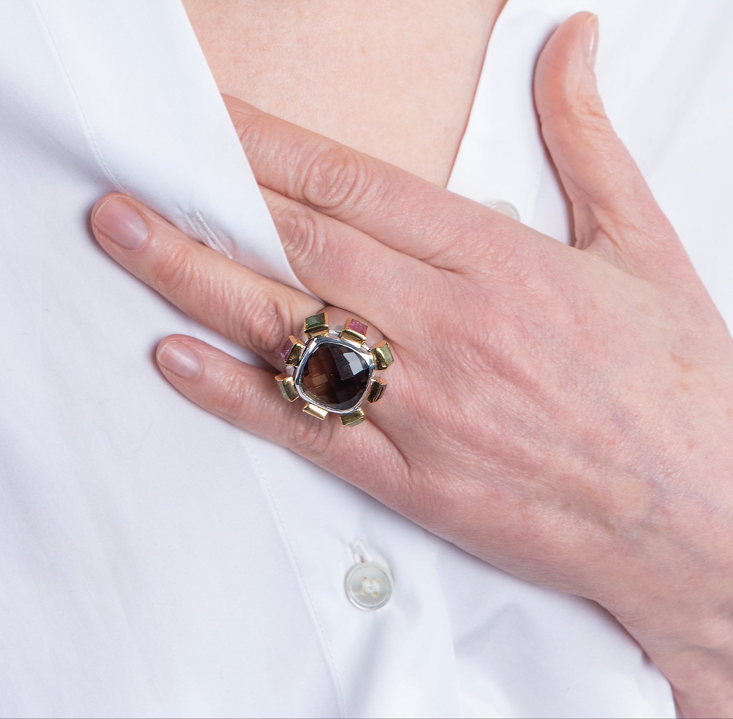 Square Gemstones Statement Silver Ring-Golden Horn Jewellery