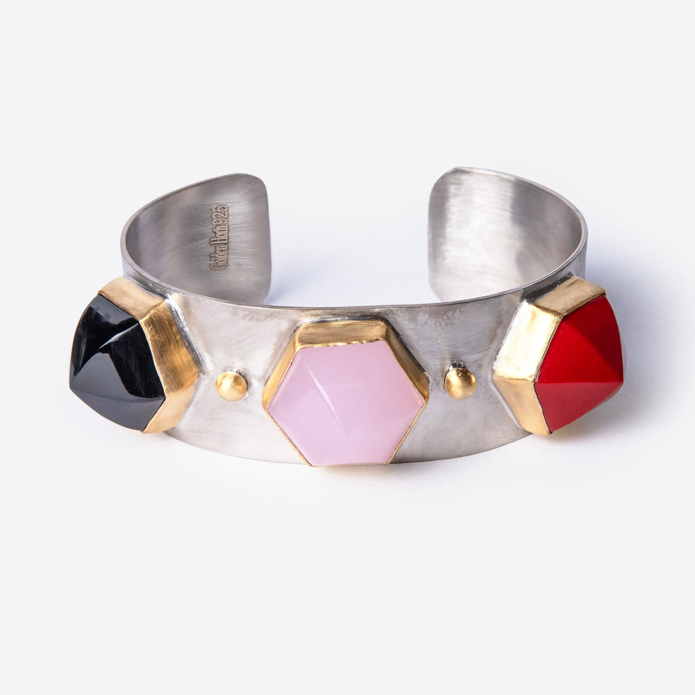 Triple Pink Quartz Dome Silver Cuff Bracelet-Golden Horn Jewellery