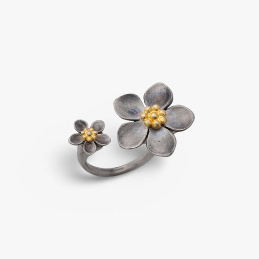 Twin Flower Silver Ring - Golden Horn